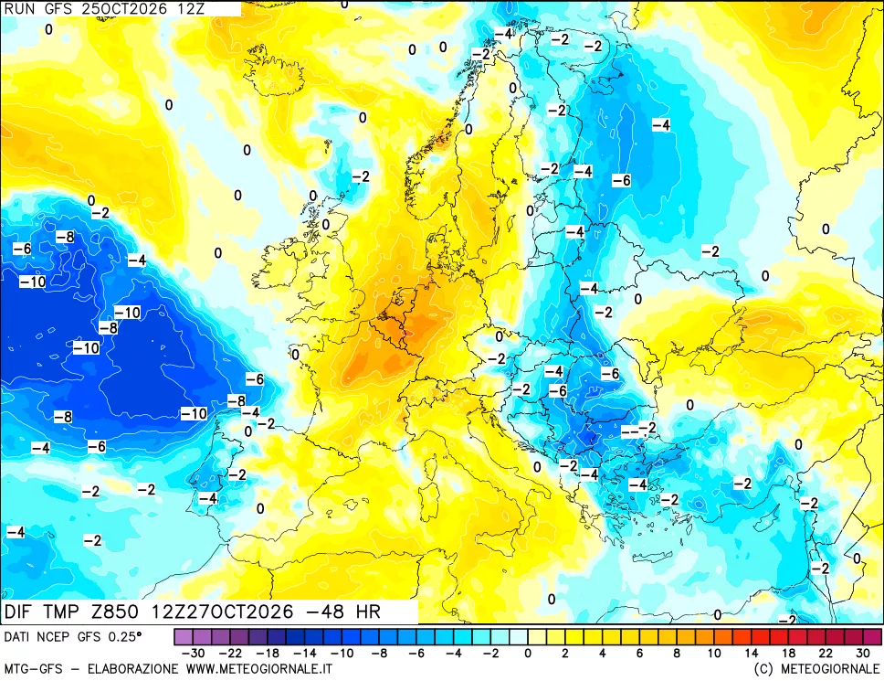mappa Dif. Temp a 850 hPa Valid - Init