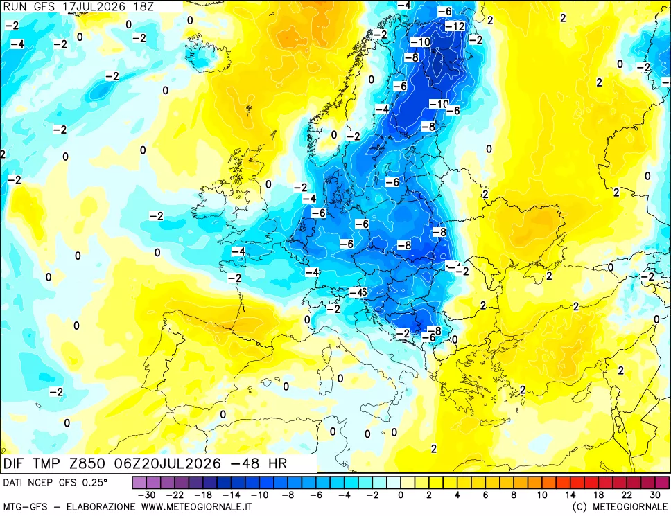 mappa Dif. Temp a 850 hPa Valid - Init