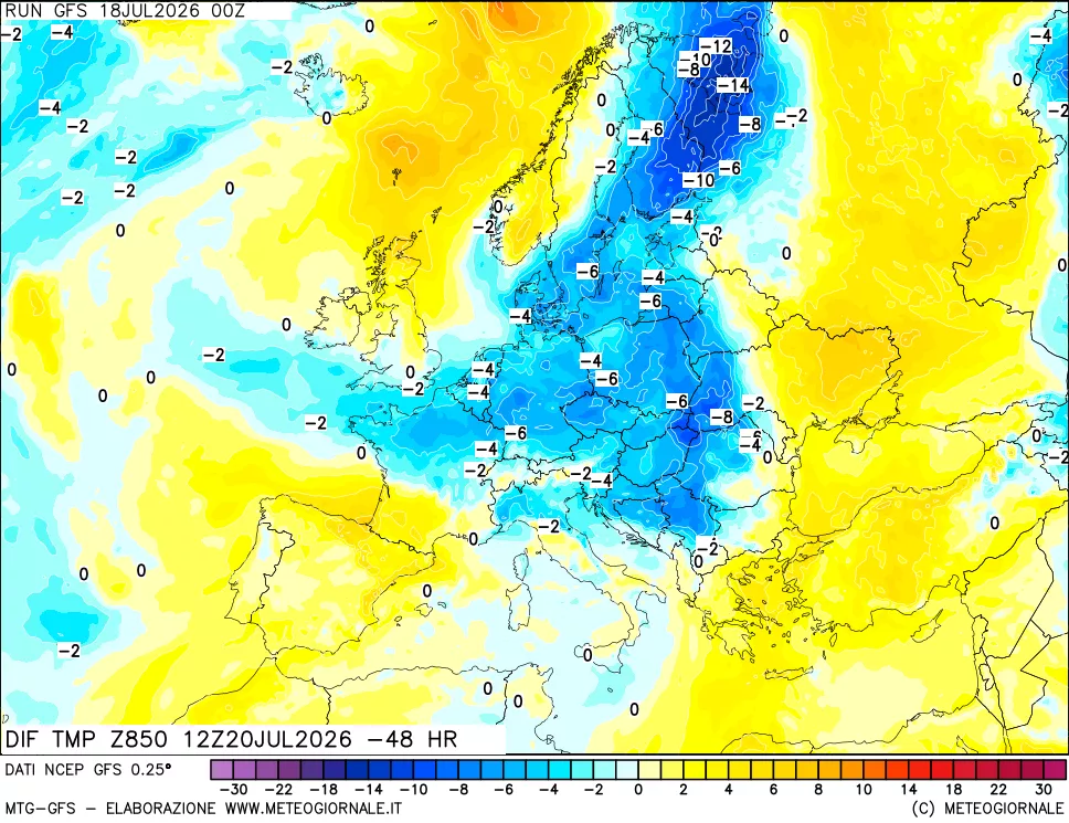 mappa Dif. Temp a 850 hPa Valid - Init