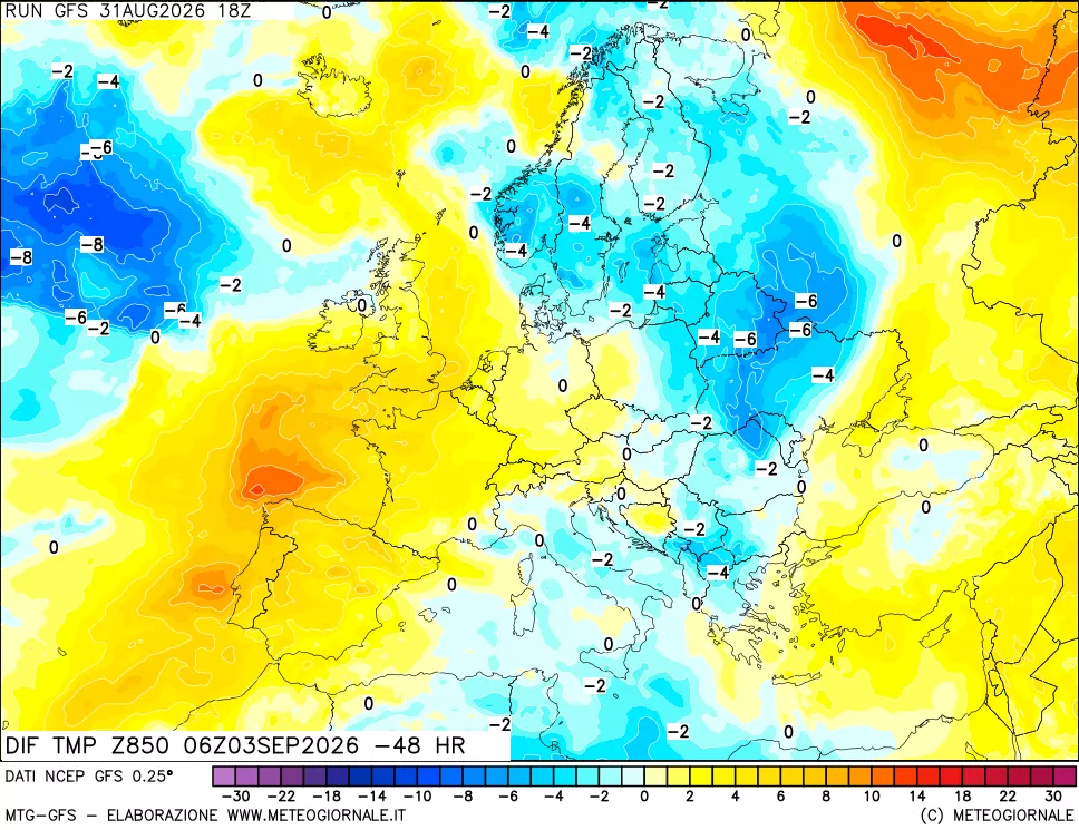 mappa Dif. Temp a 850 hPa Valid - Init