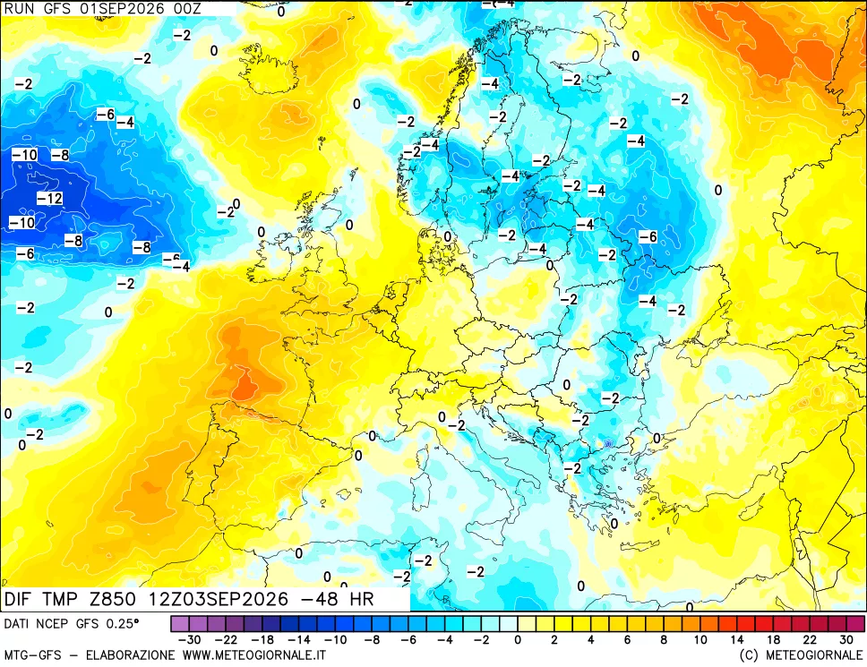mappa Dif. Temp a 850 hPa Valid - Init