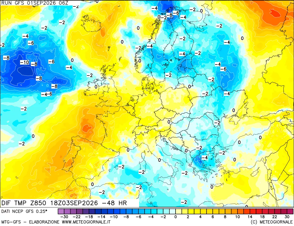 mappa Dif. Temp a 850 hPa Valid - Init