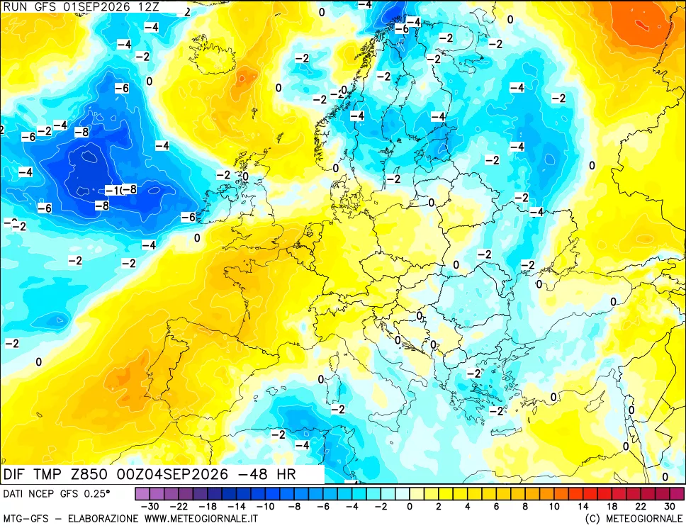 mappa Dif. Temp a 850 hPa Valid - Init