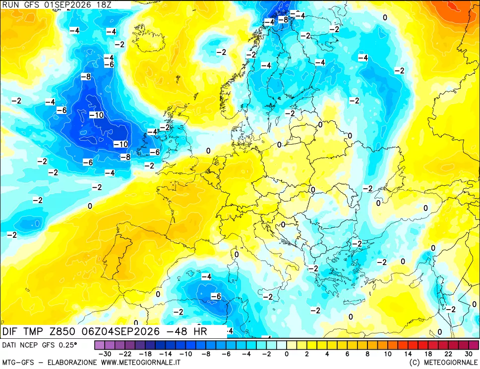 mappa Dif. Temp a 850 hPa Valid - Init
