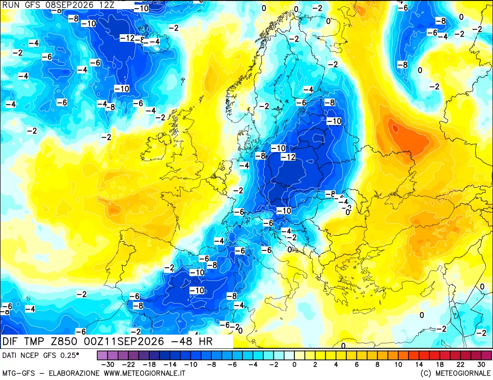 mappa Dif. Temp a 850 hPa Valid - Init