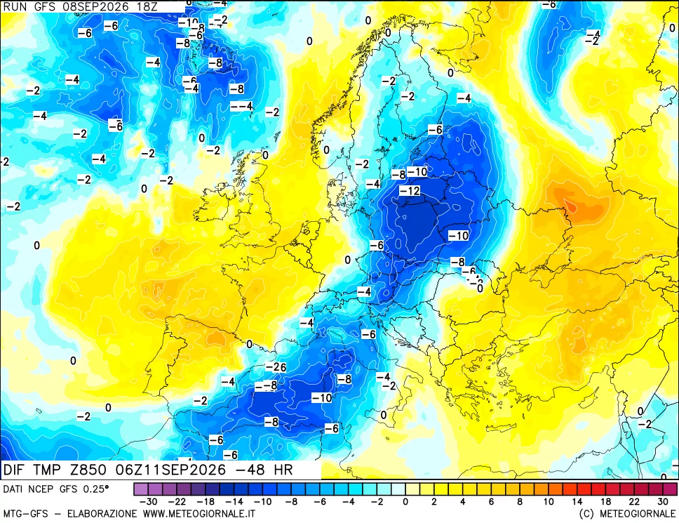 mappa Dif. Temp a 850 hPa Valid - Init