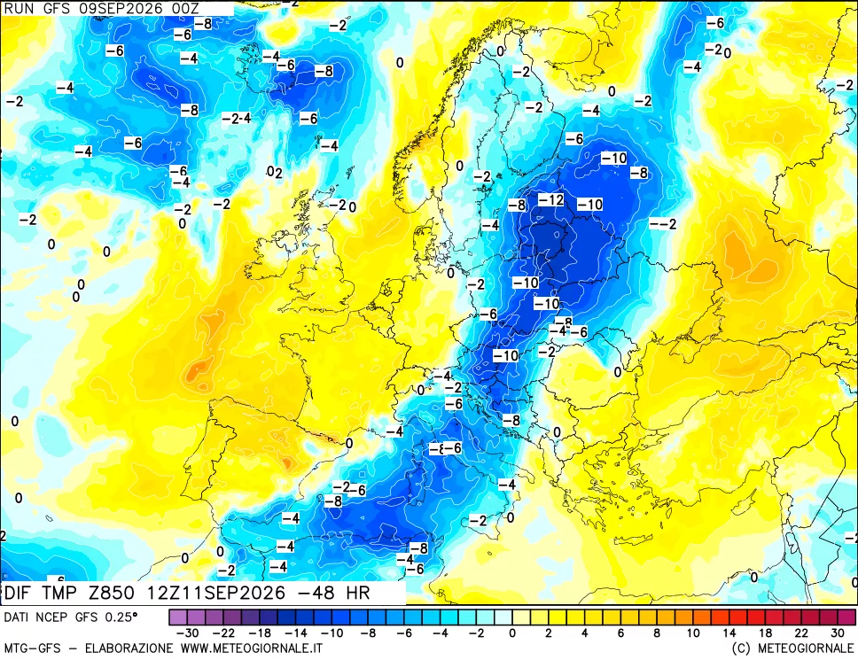 mappa Dif. Temp a 850 hPa Valid - Init
