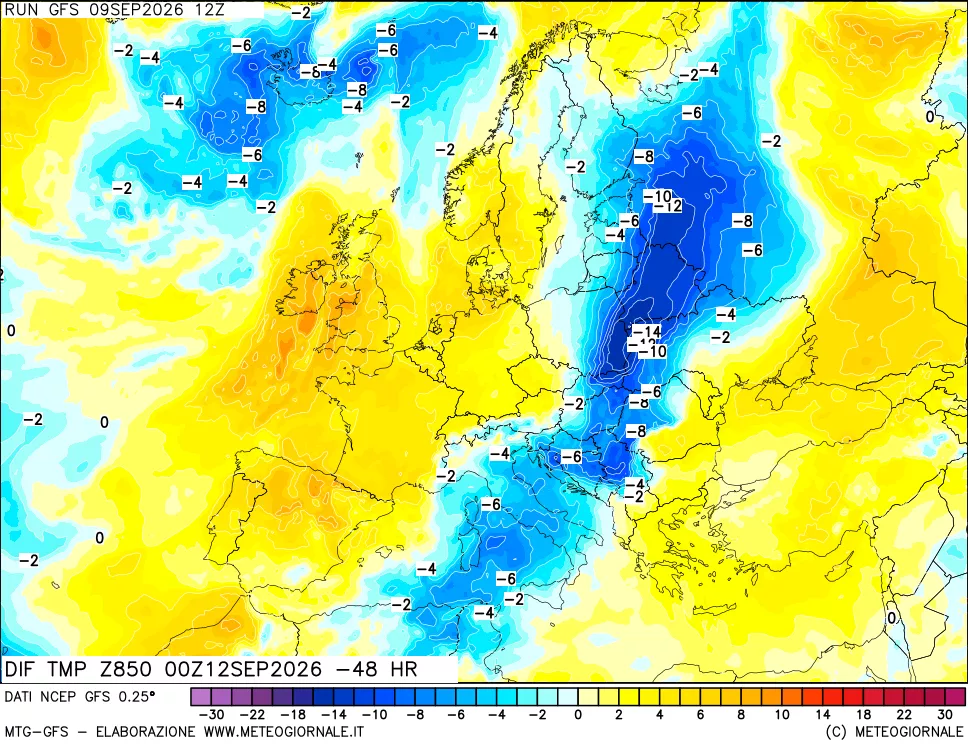 mappa Dif. Temp a 850 hPa Valid - Init