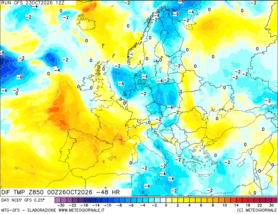 mappa Dif. Temp a 850 hPa Valid - Init