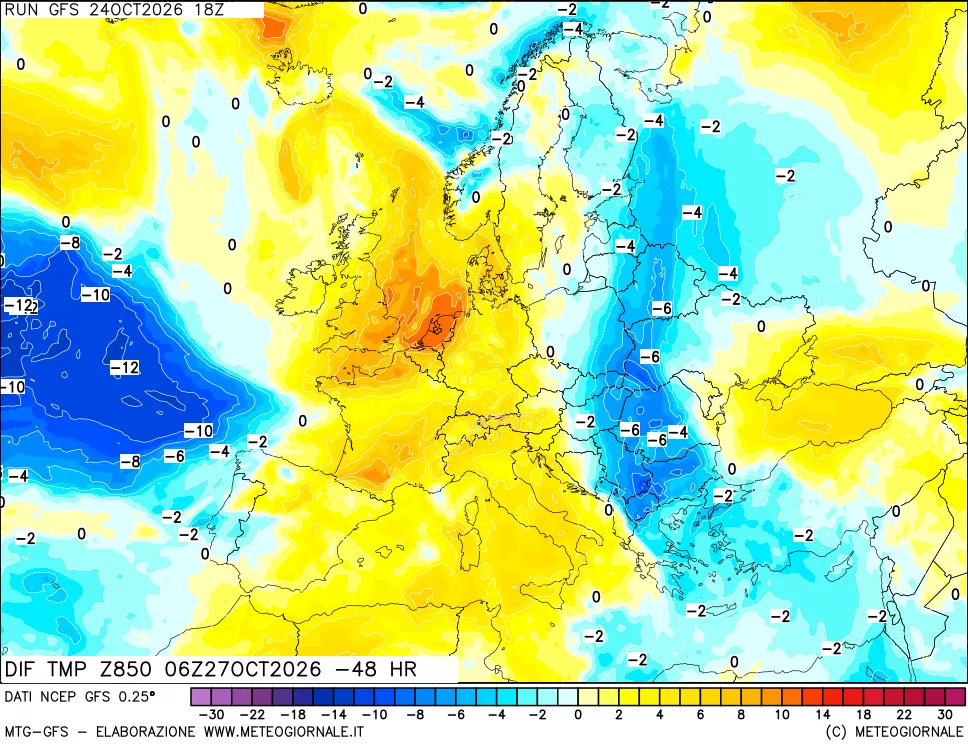mappa Dif. Temp a 850 hPa Valid - Init