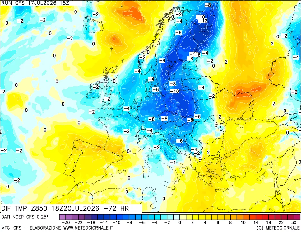 mappa Dif. Temp a 850 hPa Valid - Init
