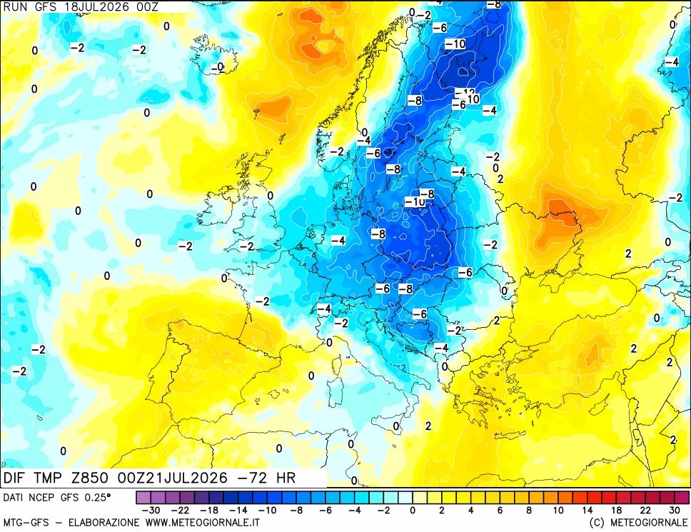 mappa Dif. Temp a 850 hPa Valid - Init