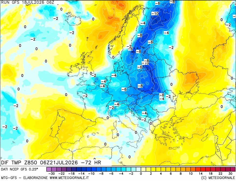 mappa Dif. Temp a 850 hPa Valid - Init