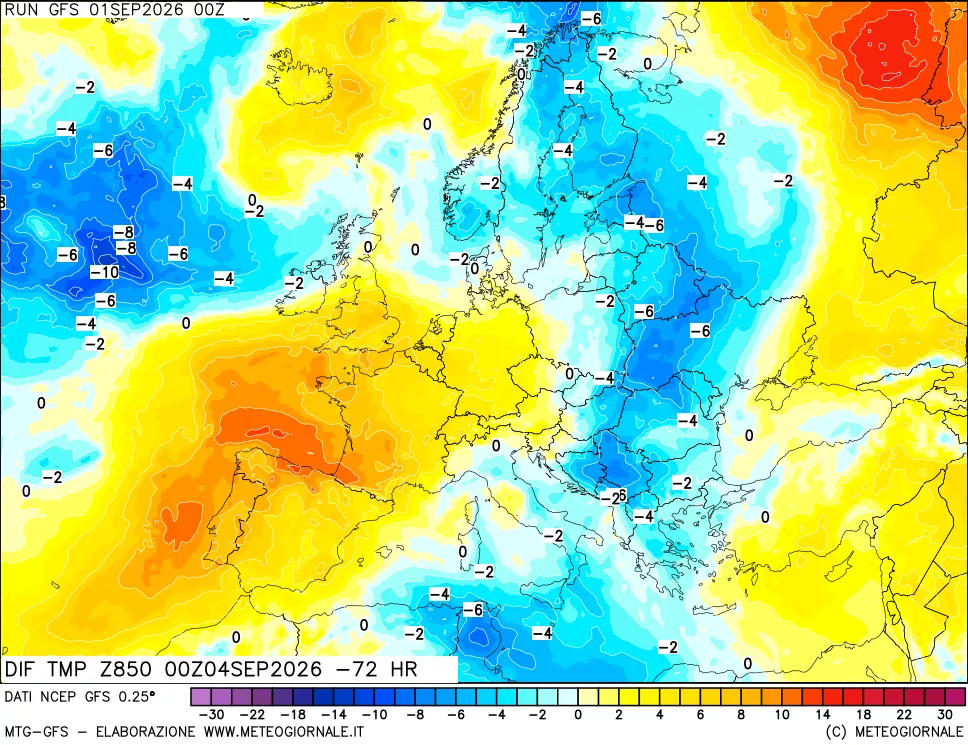 mappa Dif. Temp a 850 hPa Valid - Init