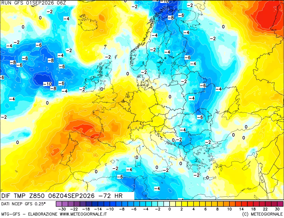 mappa Dif. Temp a 850 hPa Valid - Init