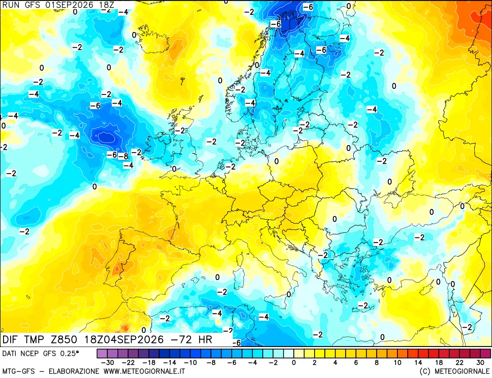 mappa Dif. Temp a 850 hPa Valid - Init