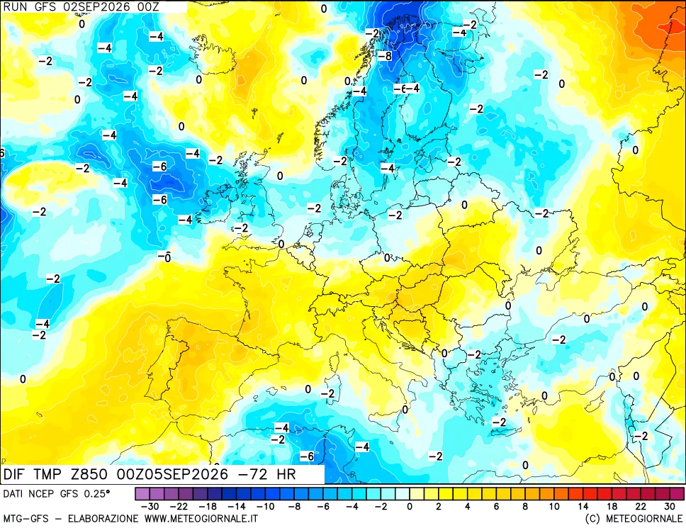 mappa Dif. Temp a 850 hPa Valid - Init