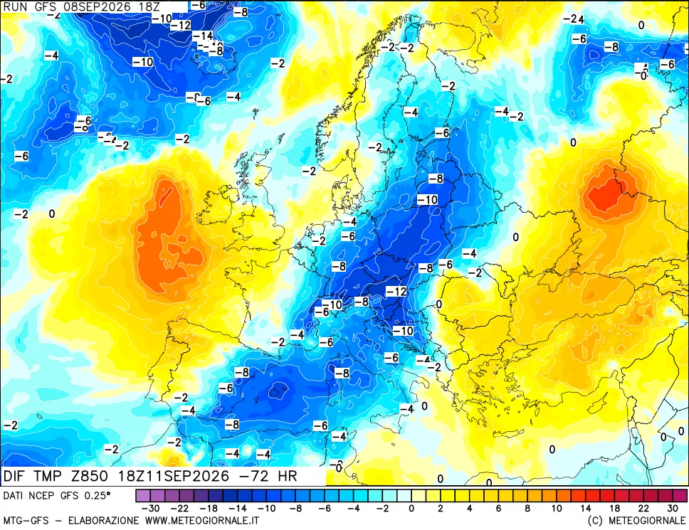 mappa Dif. Temp a 850 hPa Valid - Init