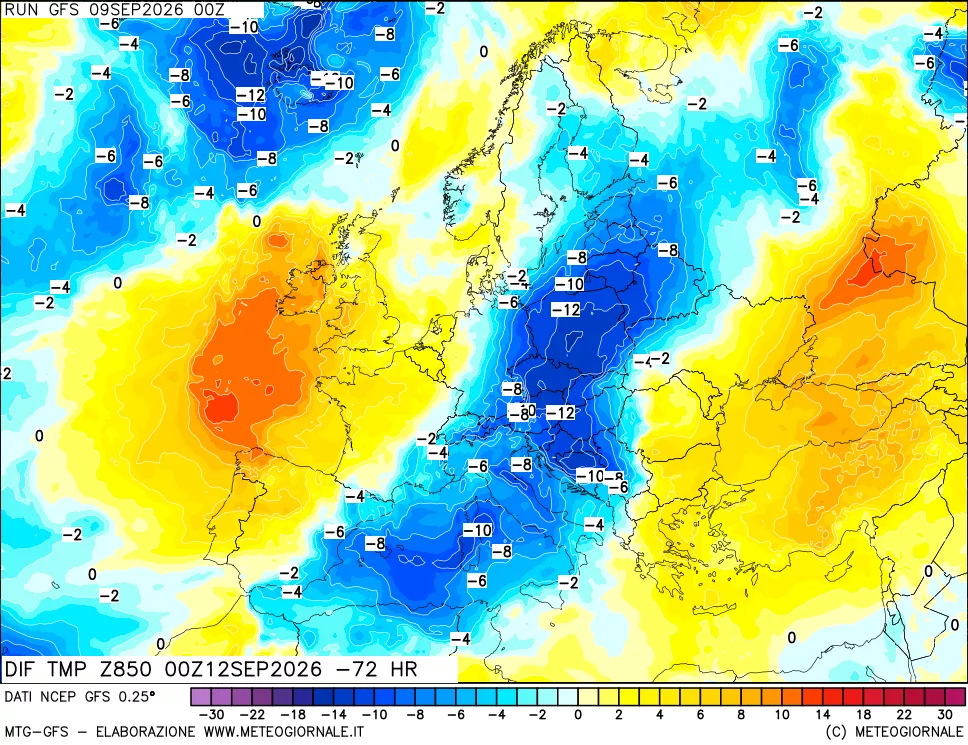 mappa Dif. Temp a 850 hPa Valid - Init