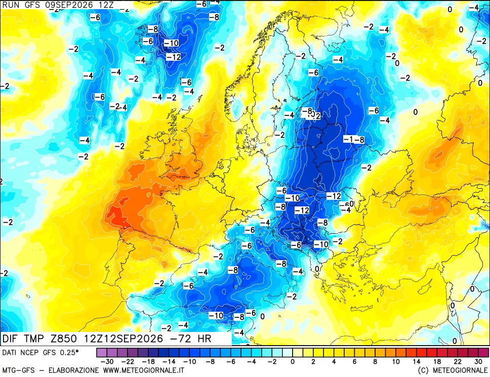 mappa Dif. Temp a 850 hPa Valid - Init