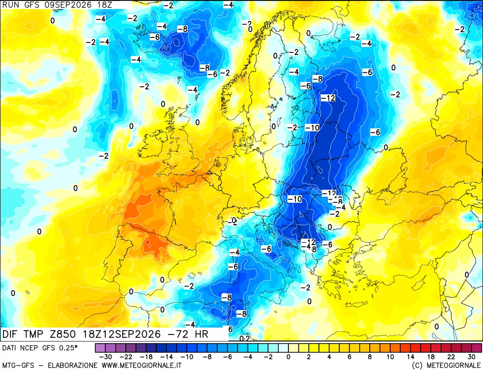 mappa Dif. Temp a 850 hPa Valid - Init