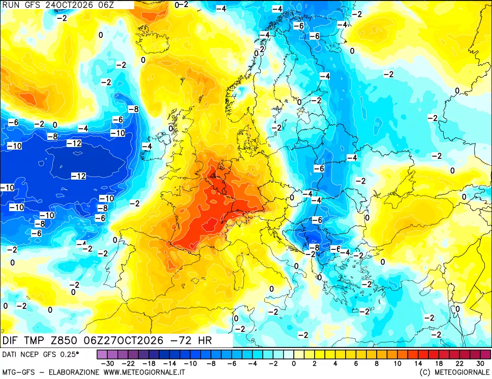 mappa Dif. Temp a 850 hPa Valid - Init