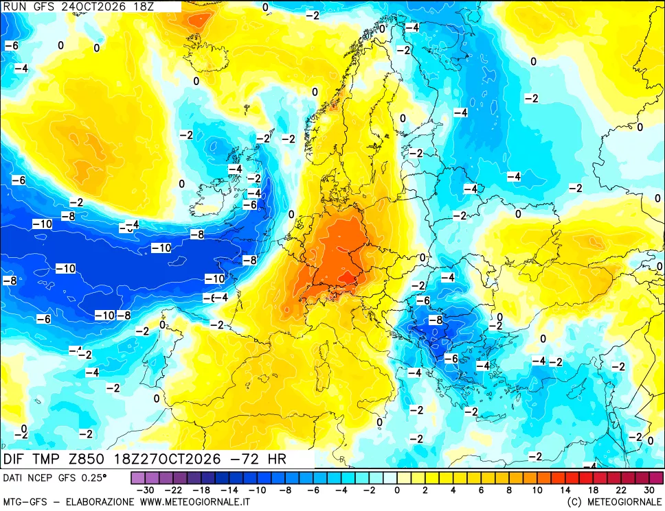 mappa Dif. Temp a 850 hPa Valid - Init