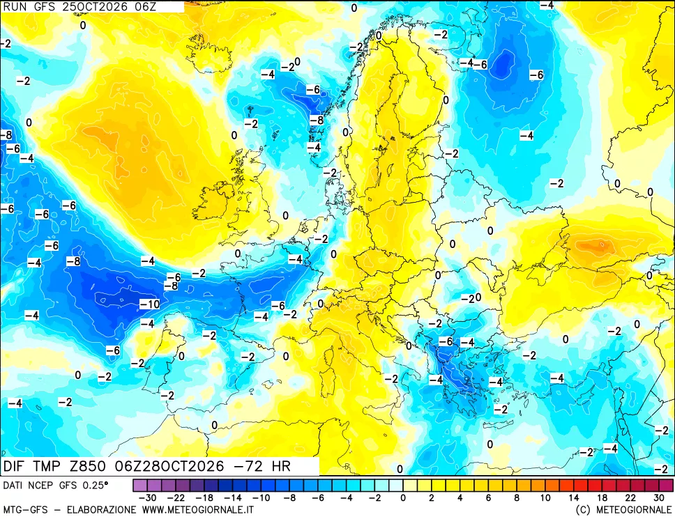 mappa Dif. Temp a 850 hPa Valid - Init