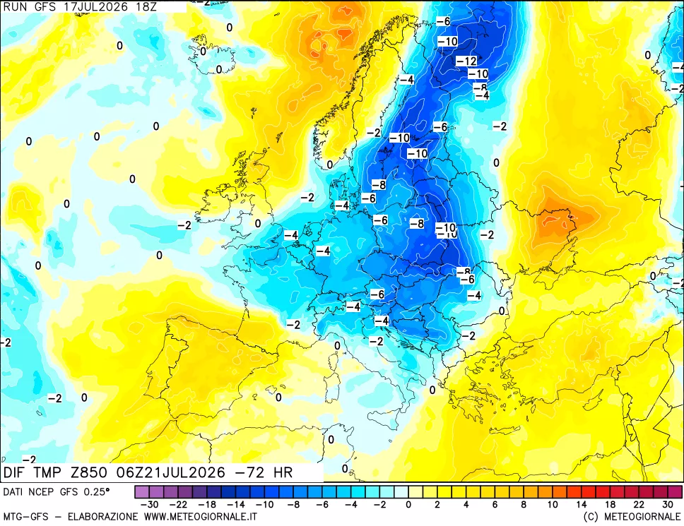 mappa Dif. Temp a 850 hPa Valid - Init