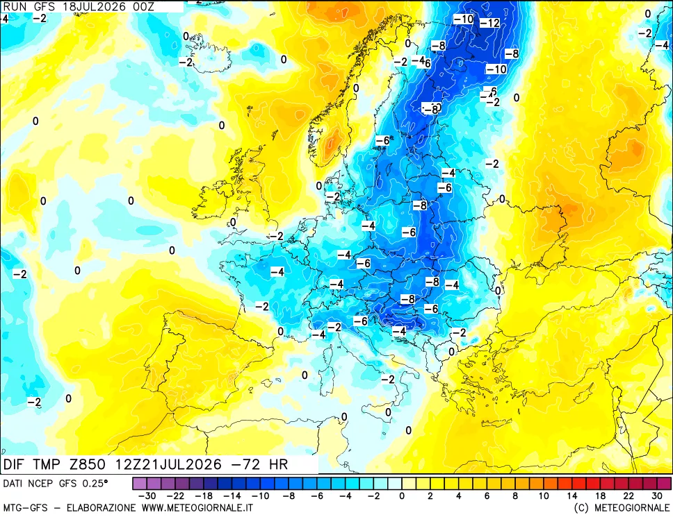 mappa Dif. Temp a 850 hPa Valid - Init