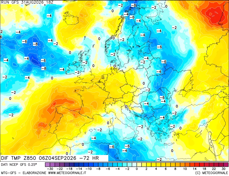 mappa Dif. Temp a 850 hPa Valid - Init
