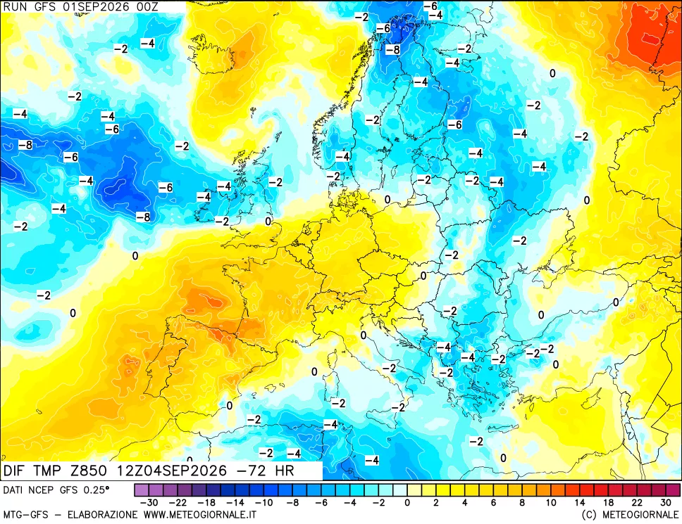 mappa Dif. Temp a 850 hPa Valid - Init