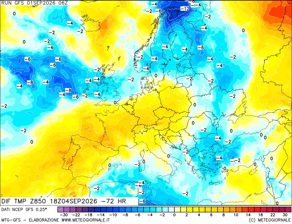 mappa Dif. Temp a 850 hPa Valid - Init