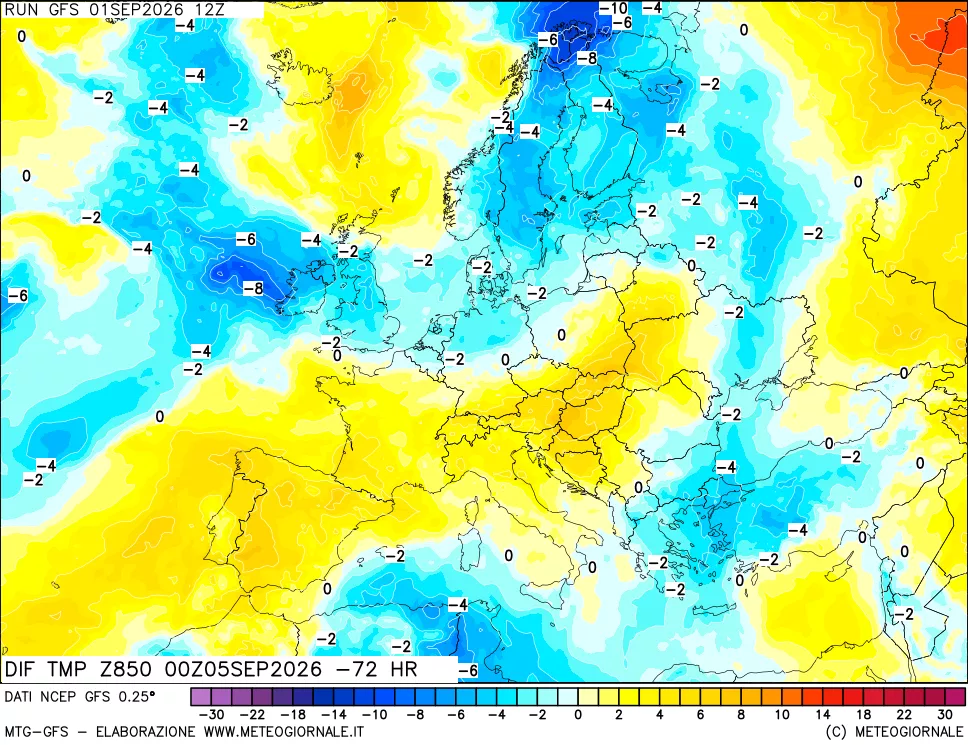 mappa Dif. Temp a 850 hPa Valid - Init