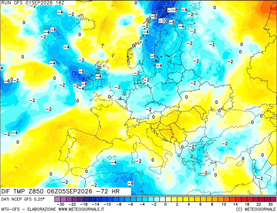 mappa Dif. Temp a 850 hPa Valid - Init