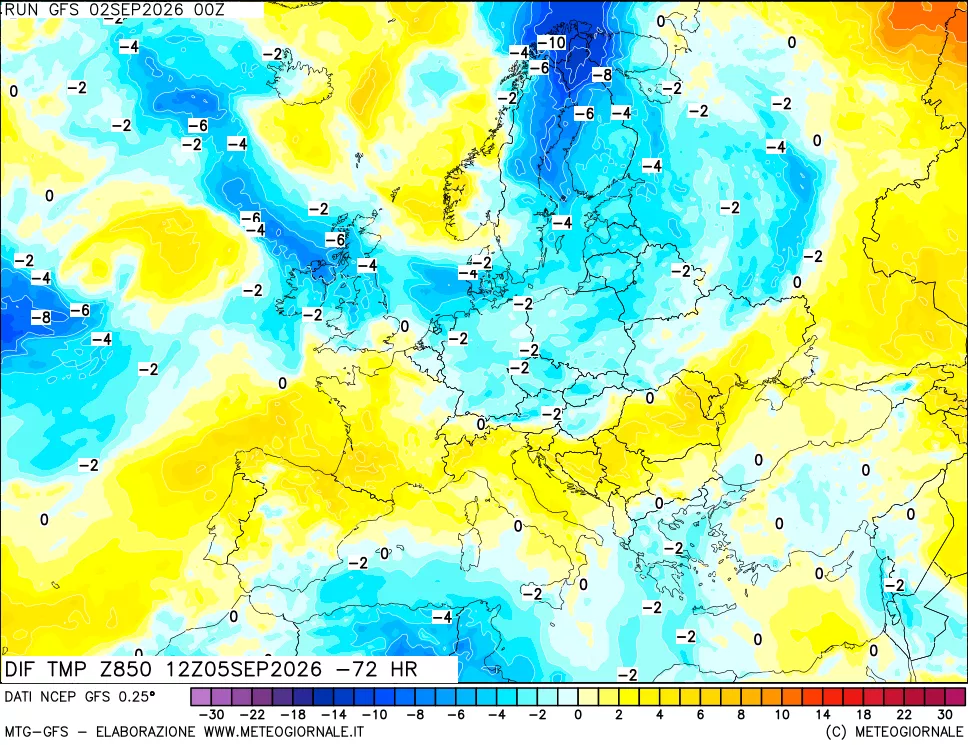 mappa Dif. Temp a 850 hPa Valid - Init