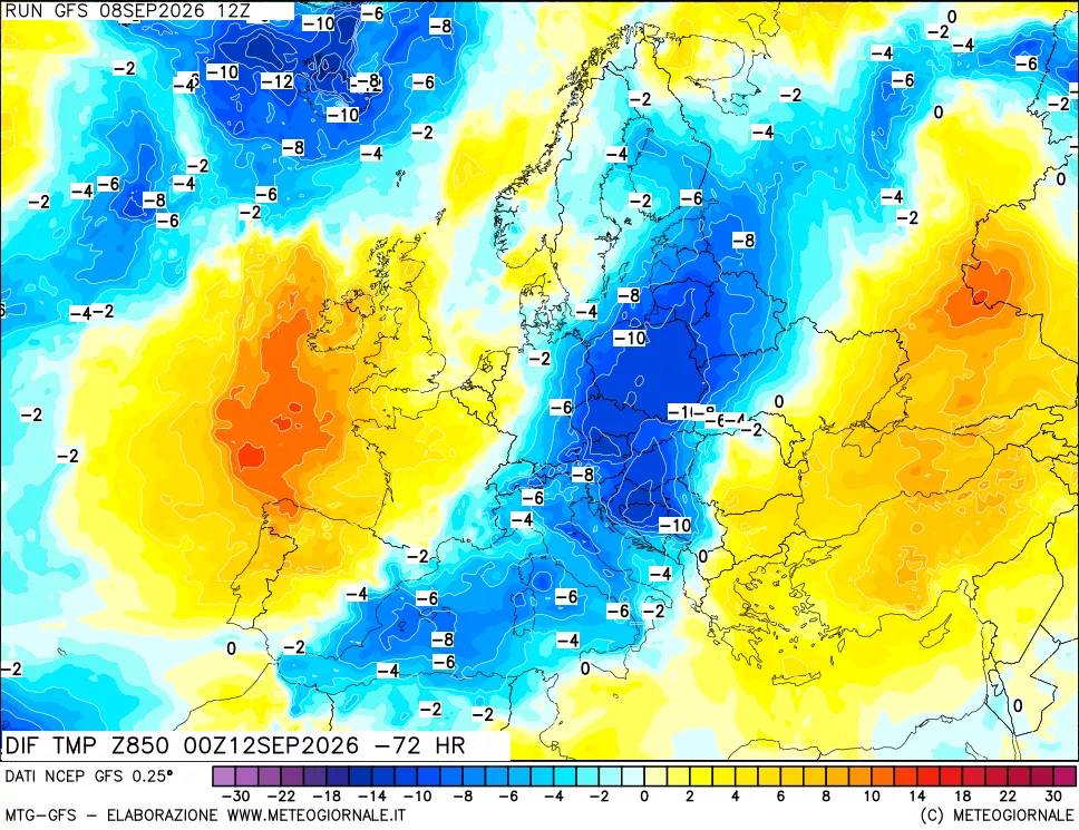 mappa Dif. Temp a 850 hPa Valid - Init