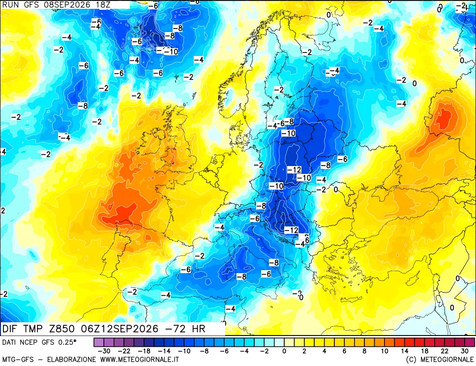 mappa Dif. Temp a 850 hPa Valid - Init