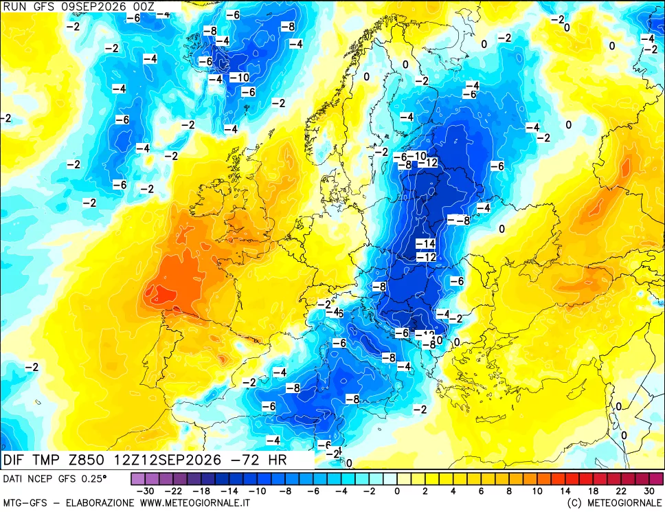 mappa Dif. Temp a 850 hPa Valid - Init