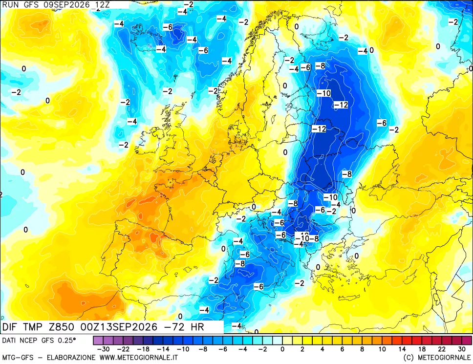 mappa Dif. Temp a 850 hPa Valid - Init