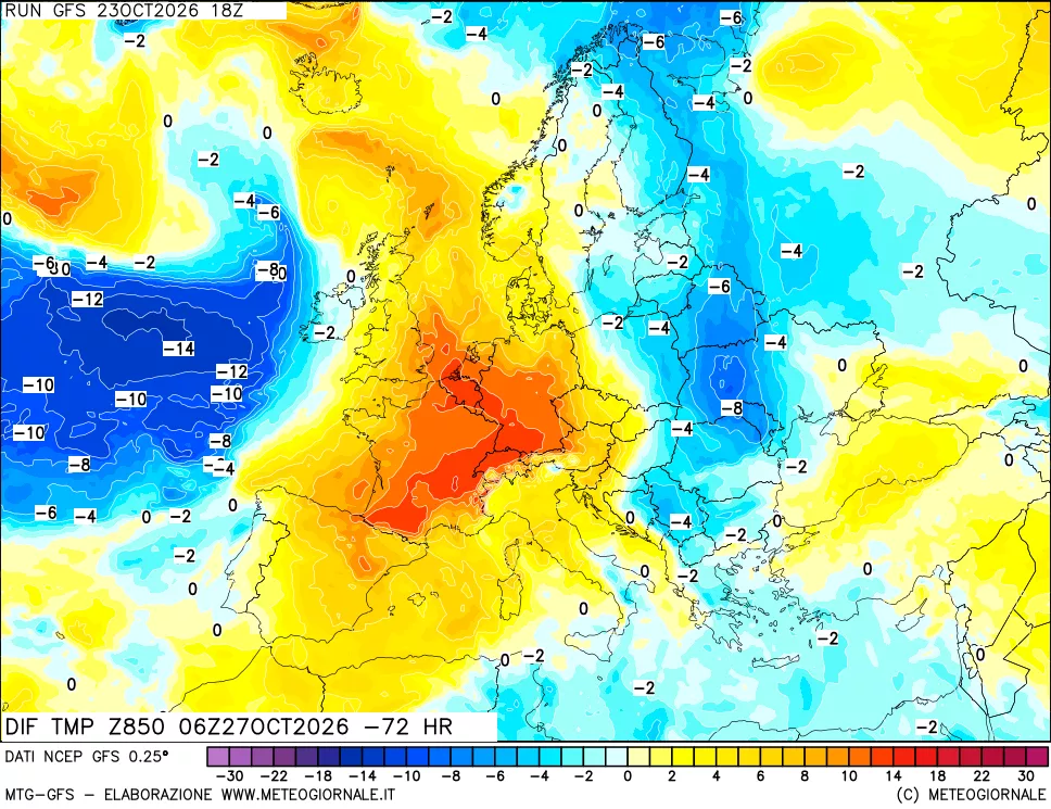 mappa Dif. Temp a 850 hPa Valid - Init