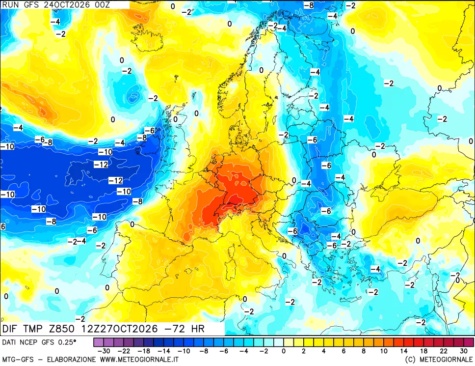 mappa Dif. Temp a 850 hPa Valid - Init