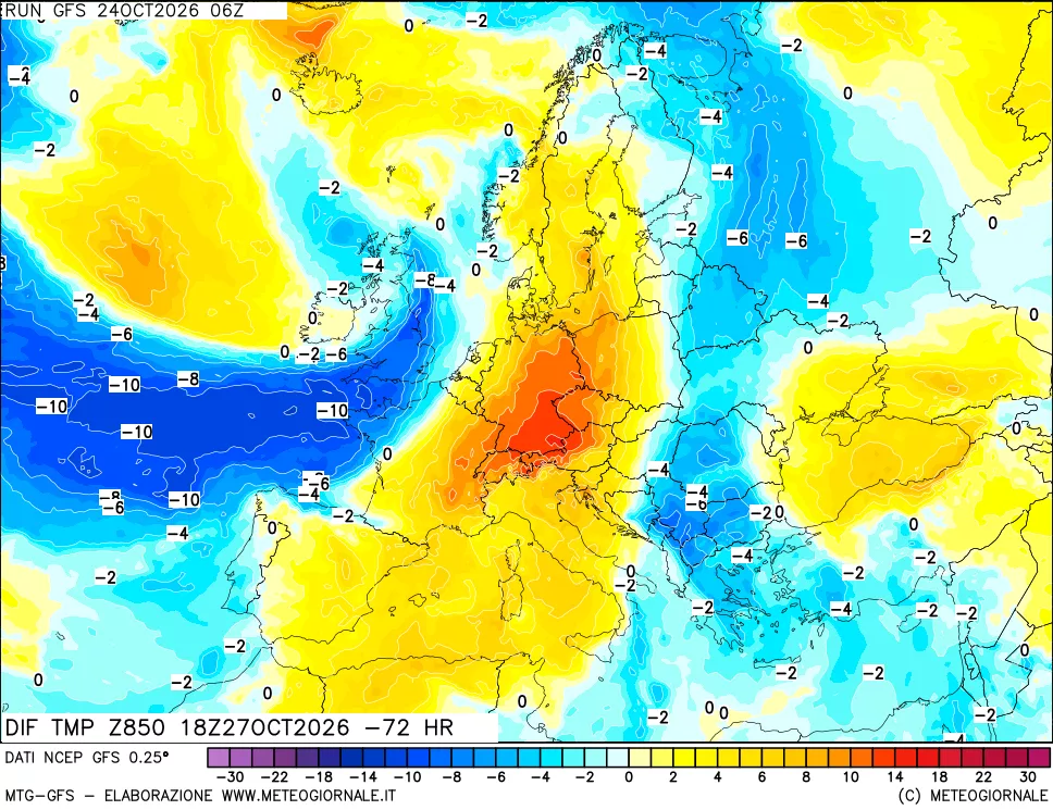 mappa Dif. Temp a 850 hPa Valid - Init