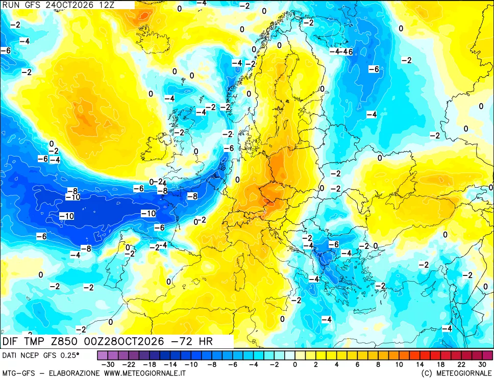 mappa Dif. Temp a 850 hPa Valid - Init