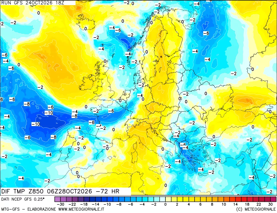 mappa Dif. Temp a 850 hPa Valid - Init