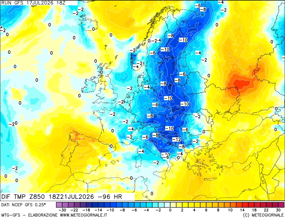 mappa Dif. Temp a 850 hPa Valid - Init