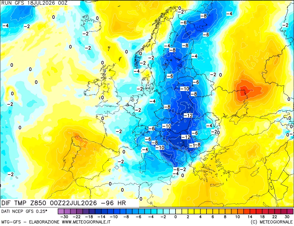 mappa Dif. Temp a 850 hPa Valid - Init