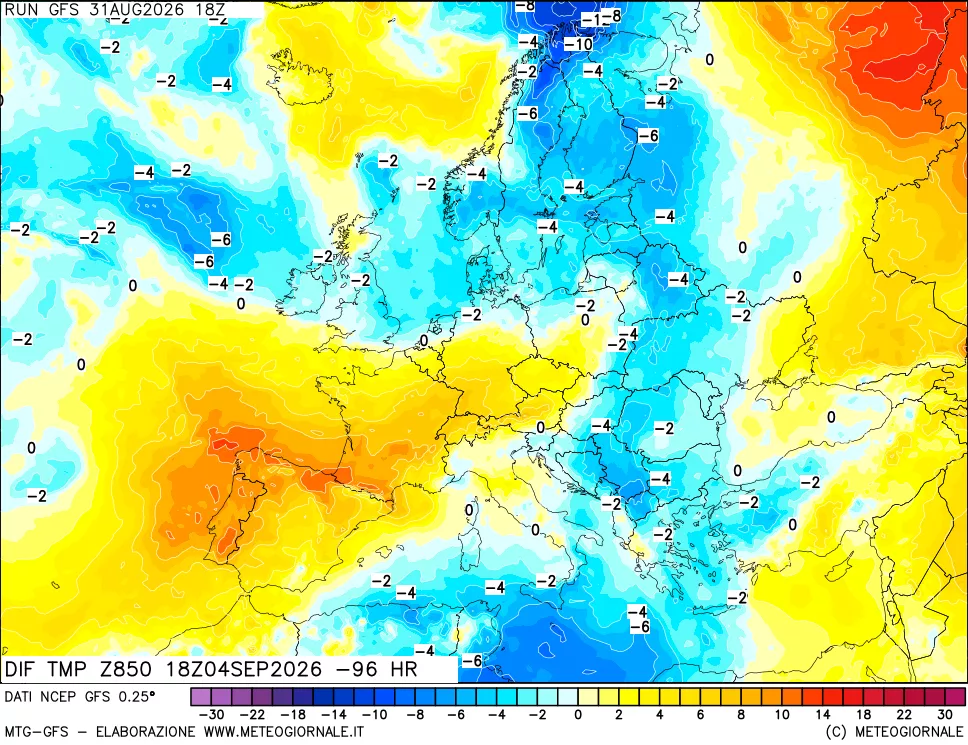 mappa Dif. Temp a 850 hPa Valid - Init