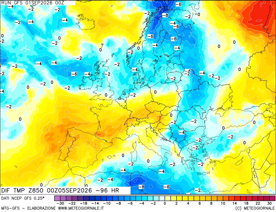 mappa Dif. Temp a 850 hPa Valid - Init