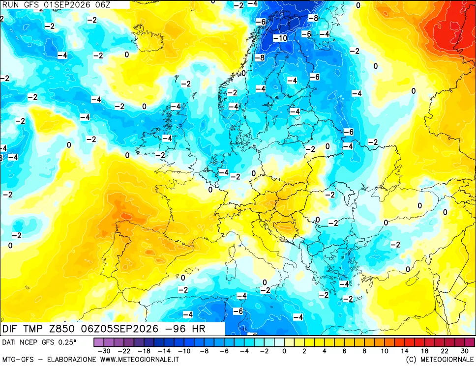mappa Dif. Temp a 850 hPa Valid - Init
